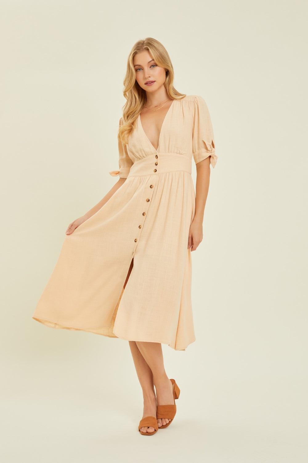 HEYSON Textured Linen V-Neck Button-Down Midi Dress - Dresses