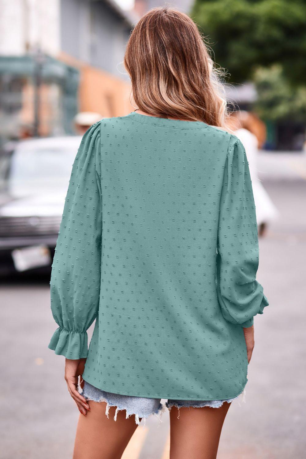 Swiss Dot Notched Neck Long Flounce Sleeve Blouse - Blouse