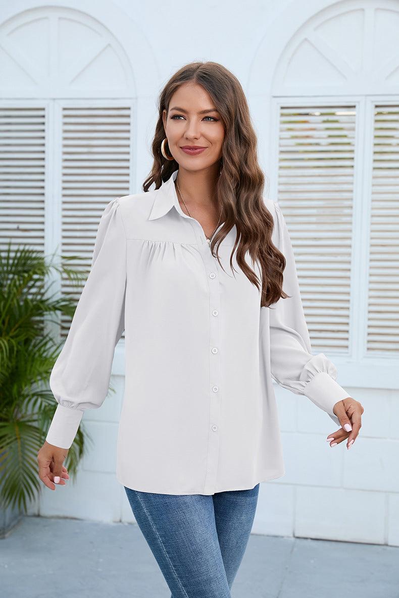 Puff Long Sleeve Collared Neck Ruched Shirt - Shirt