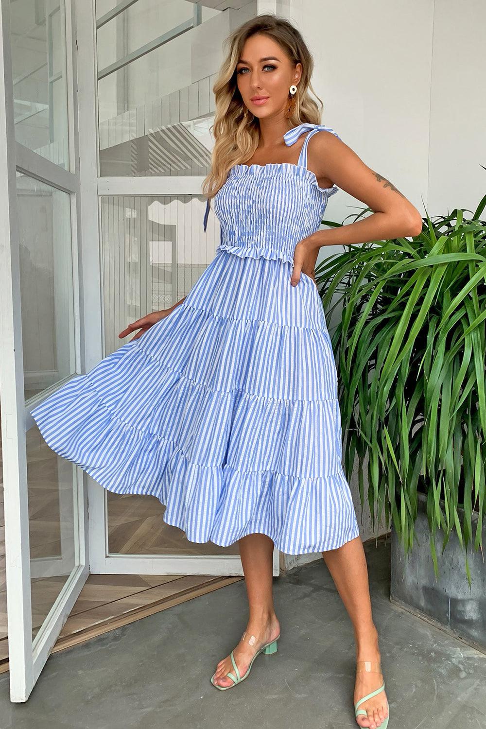 Striped Tie-Shoulder Tiered Midi Dress - Dresses