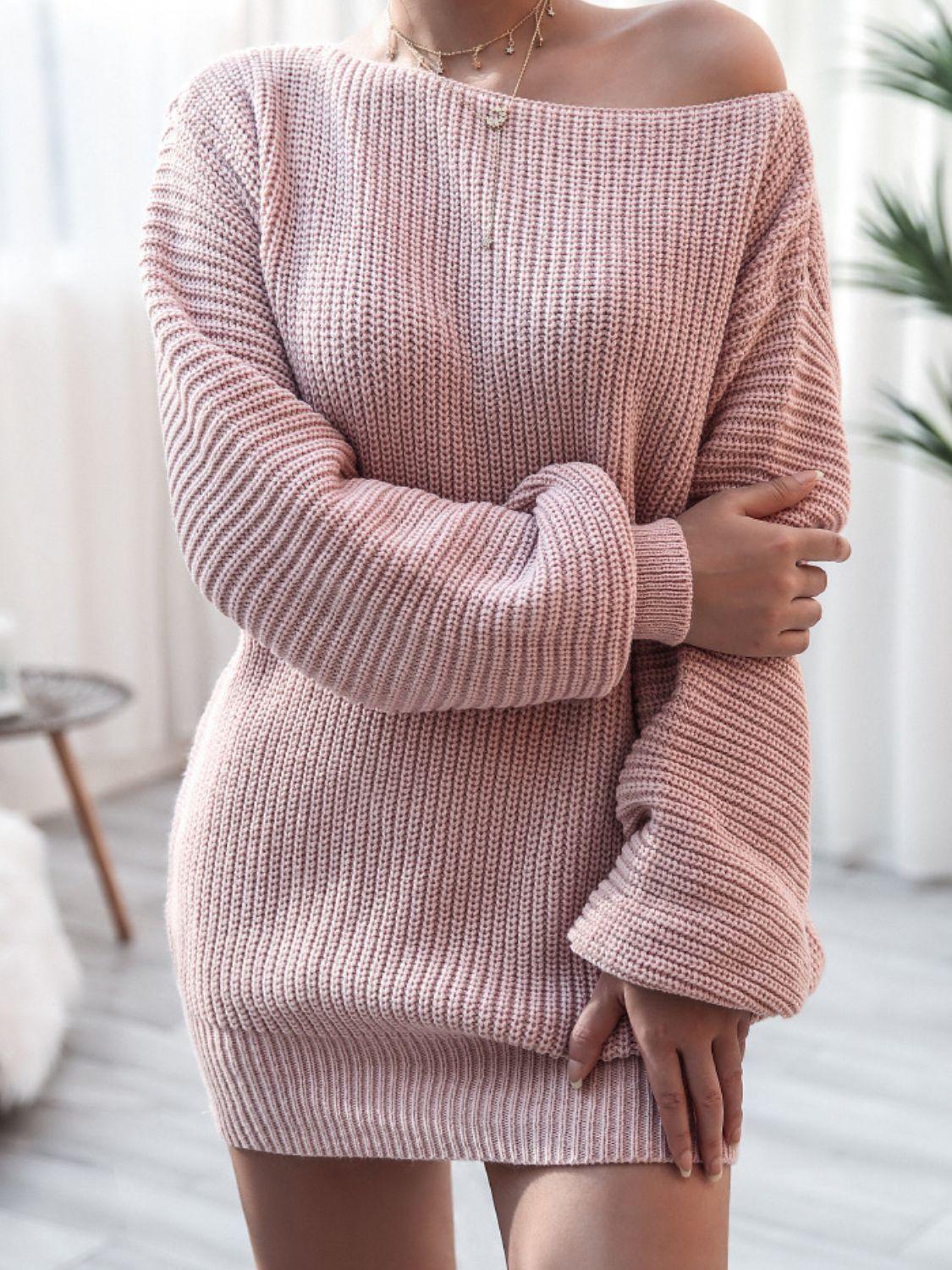 Rib-Knit Balloon Sleeve Boat Neck Sweater Dress - Dresses