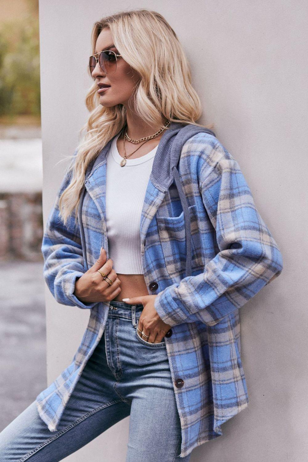 Plaid Dropped Shoulder Hooded Longline Shirt Jacket - Jacket