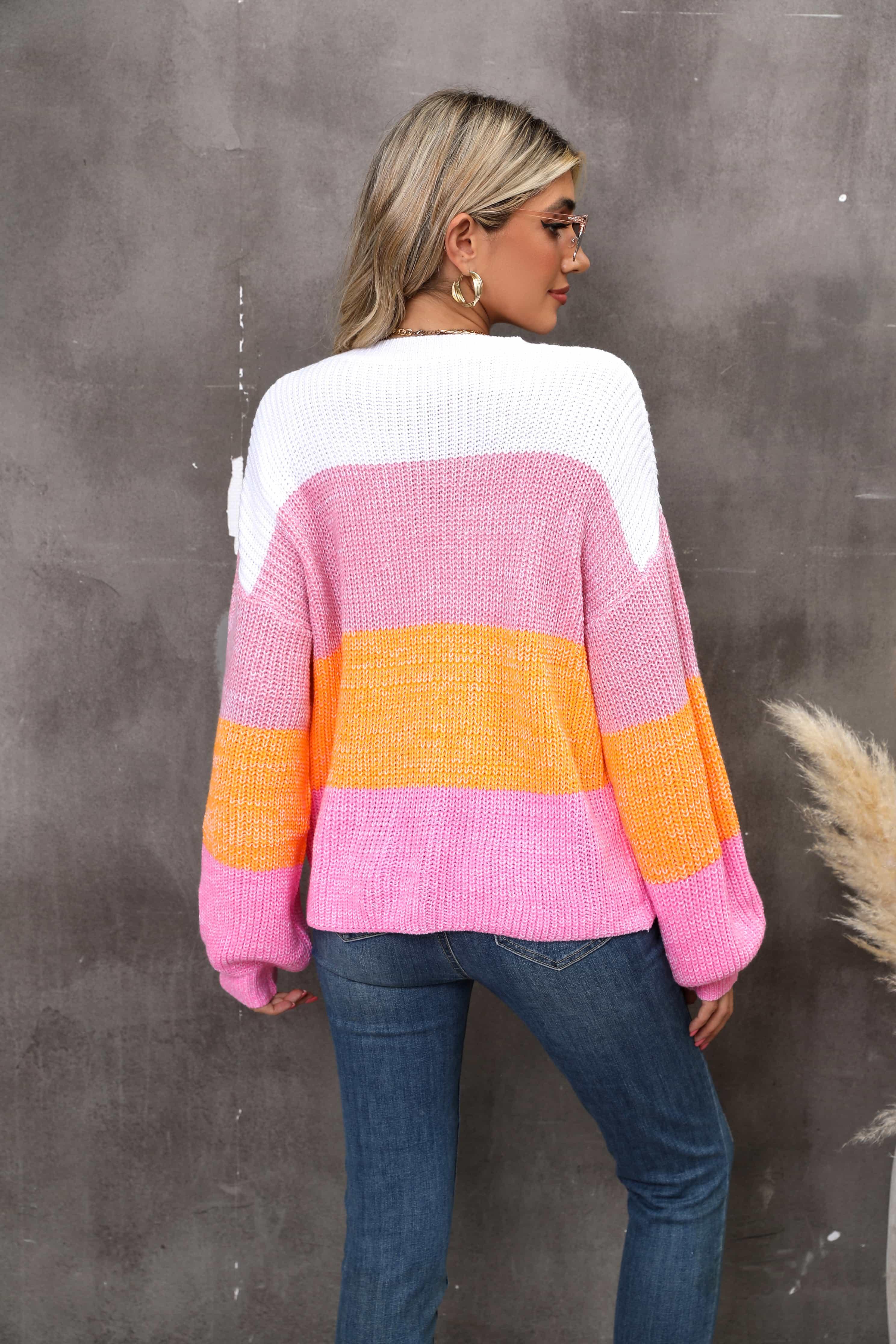 Color Block Round Neck Dropped Shoulder Sweater - Sweater