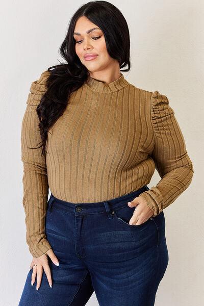 Basic Bae Full Size Ribbed Mock Neck Puff Sleeve Top - Top