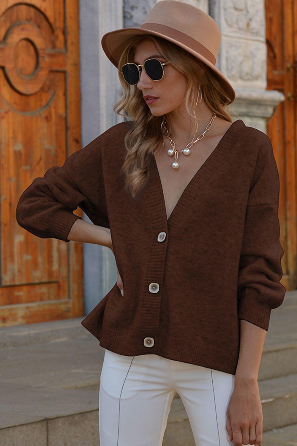 V-Neck Button-Down Dropped Shoulder Cardigan - Cardigan