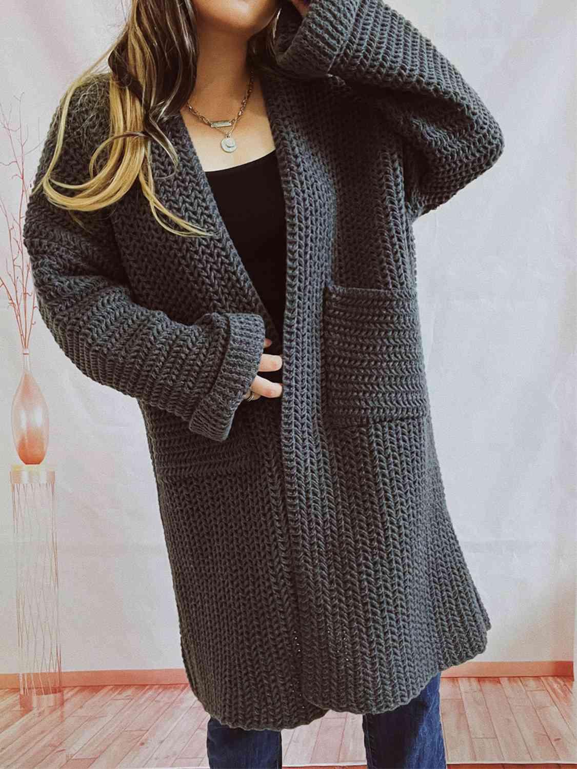 Open Front Long Sleeve Cardigan with Pockets - Cardigan