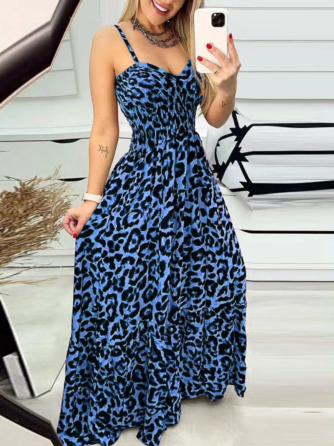 Leopard Sweetheart Neck Cami Maxi Dress