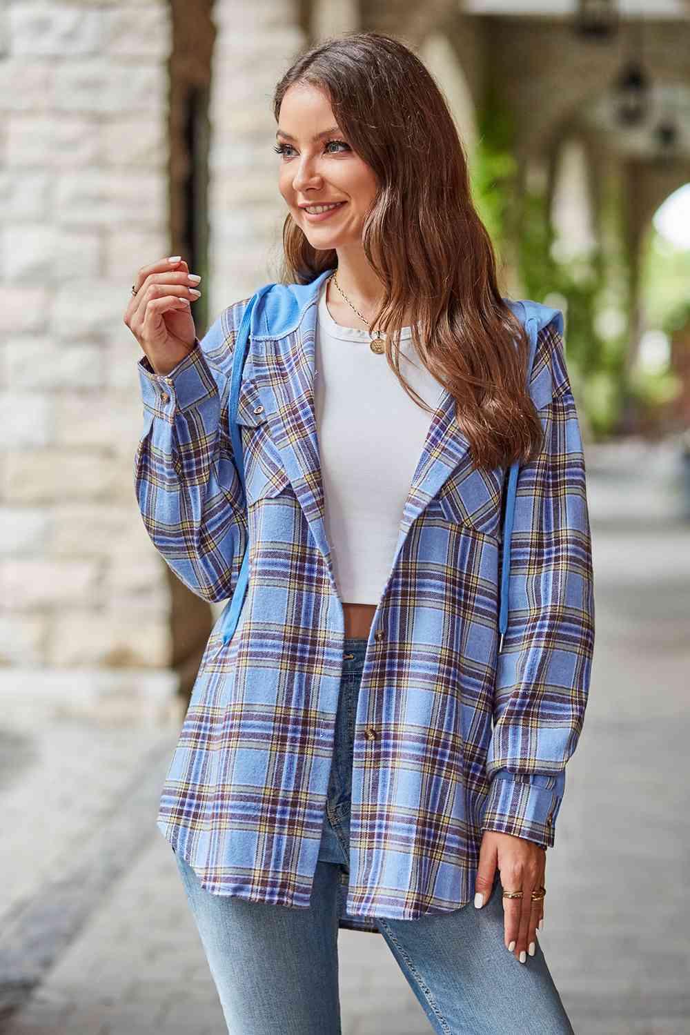 Plaid Long Sleeve Hooded Shacket - Jacket