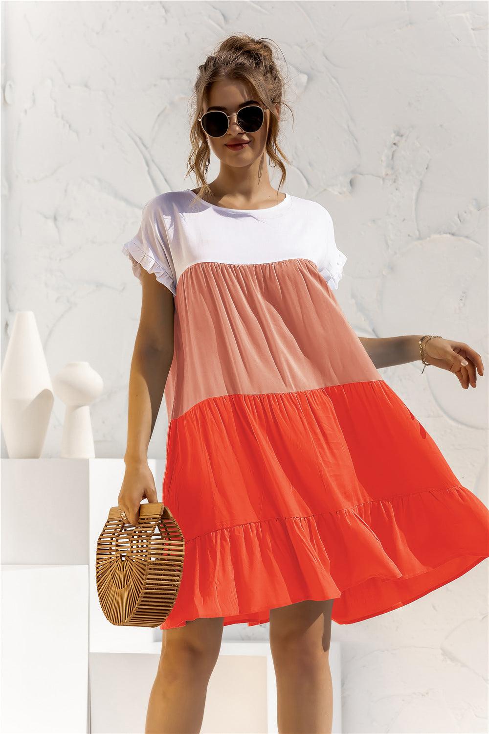 Color Block Round Neck Ruffle Hem Tiered Short Dress - Dresses