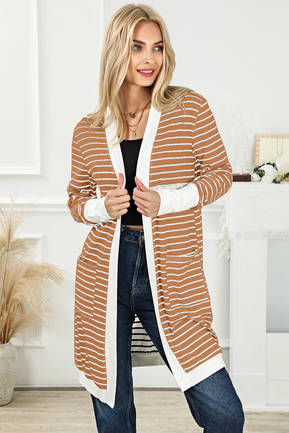 Striped Open Front Longline Cardigan - Cardigan