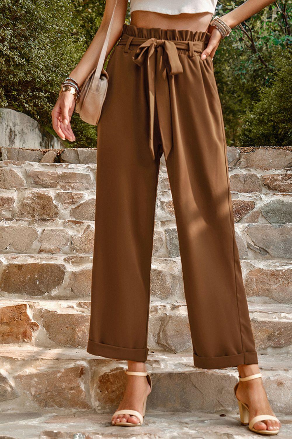 Cropped Tie Belt Paperbag Waist Straight Leg Pants - Pant