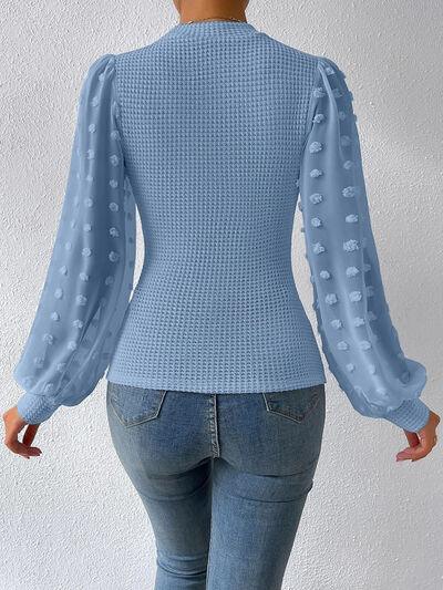 Swiss Dot Waffle-Knit Lantern Sleeve Top - Top