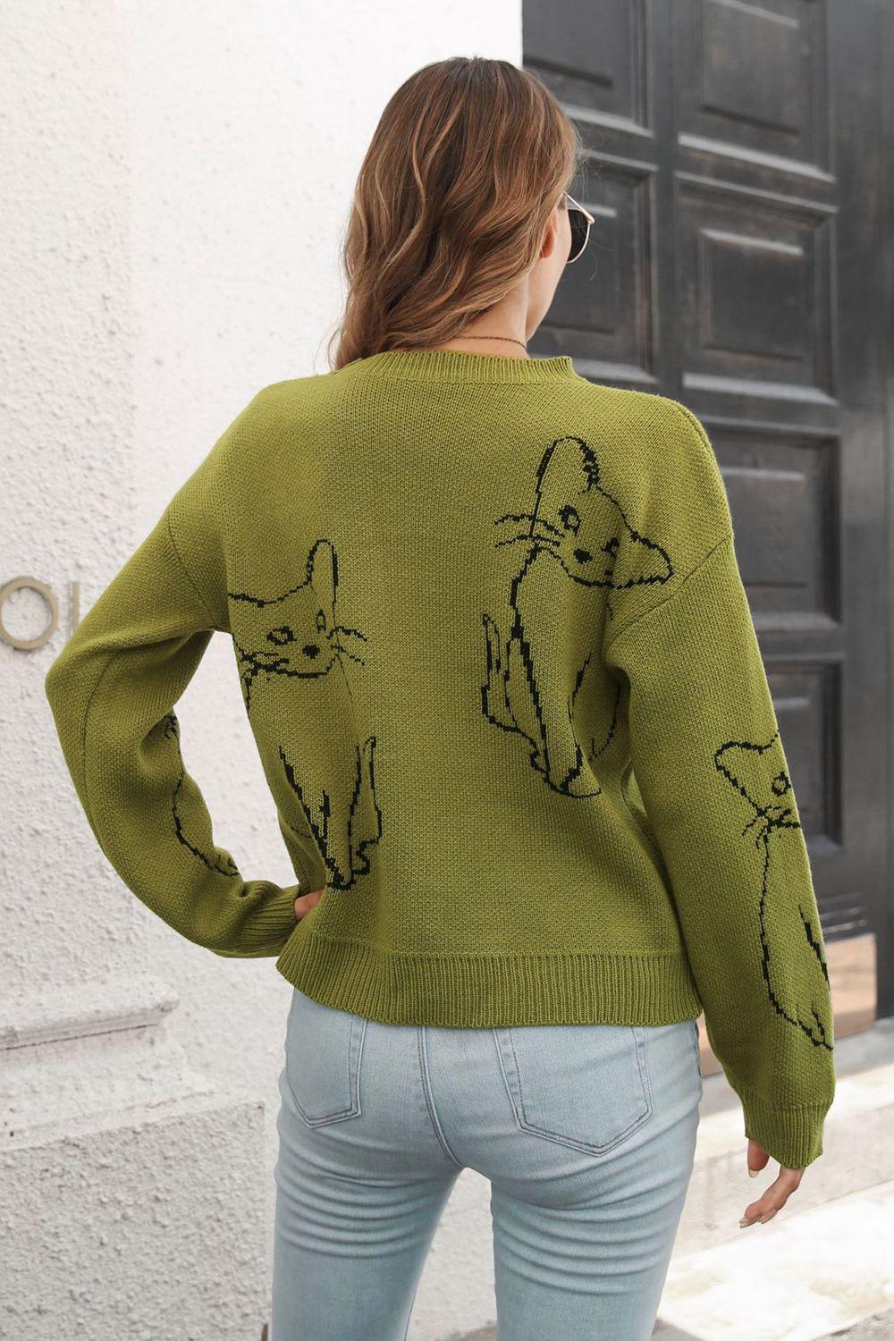 Cat Pattern Round Neck Dropped Shoulders Sweater - Sweater