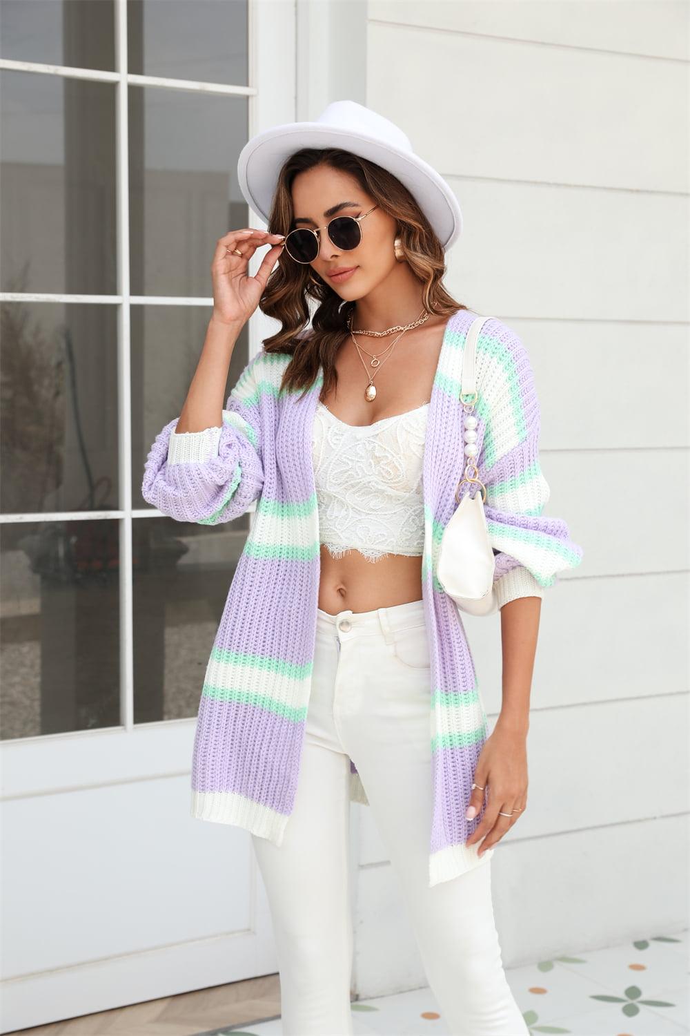 Color Block Ribbed Open Front Cardigan - Cardigan