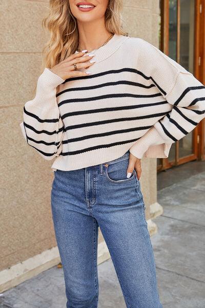 Round Neck Dropped Shoulder Crop Sweater - Sweater