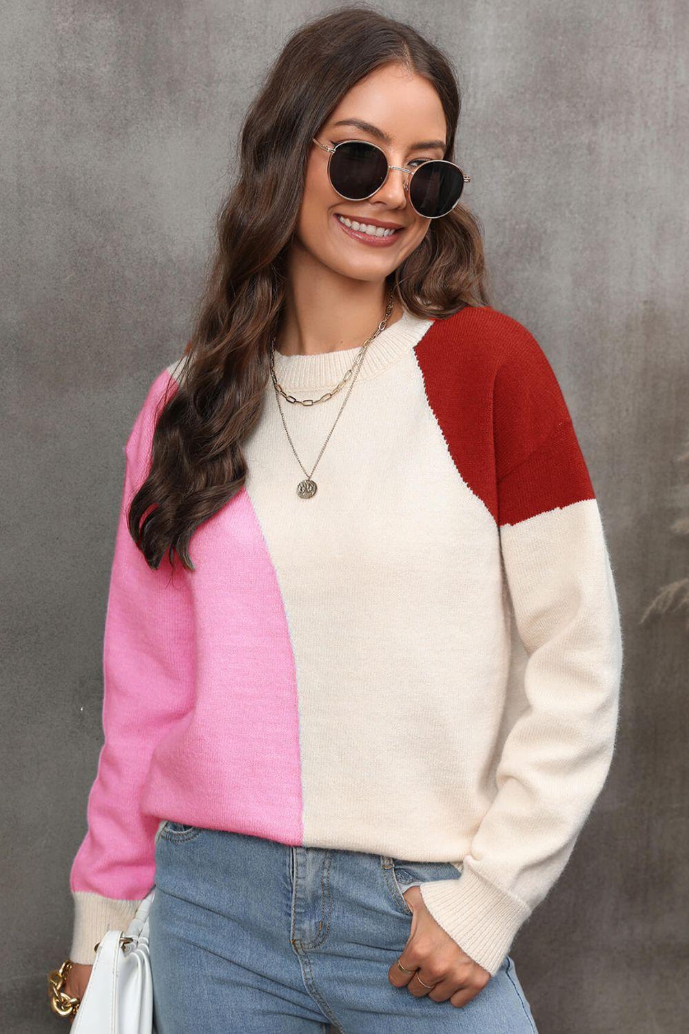 Color Block Ribbed Cuff Drop Shoulder Sweater - Sweater