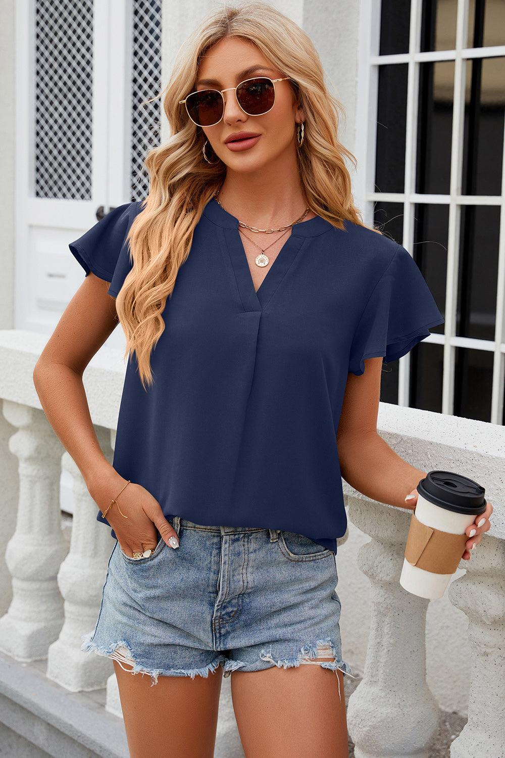 Notched Cap Sleeve Top - Top