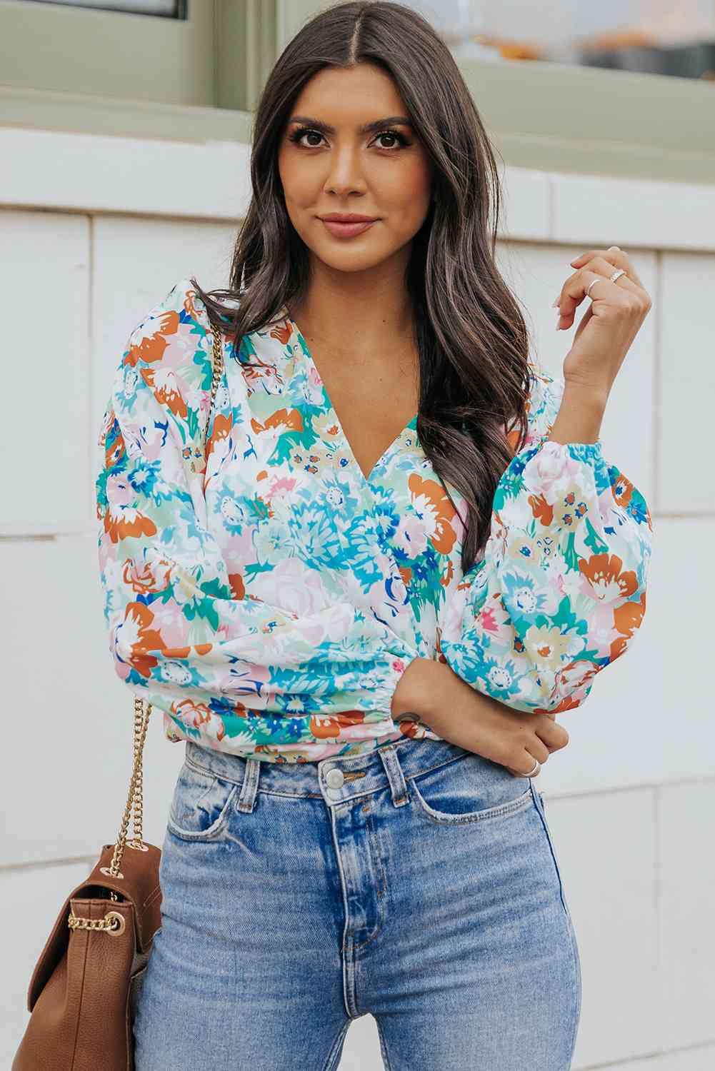 Floral Long Balloon Sleeve Bodysuit - Bodysuit