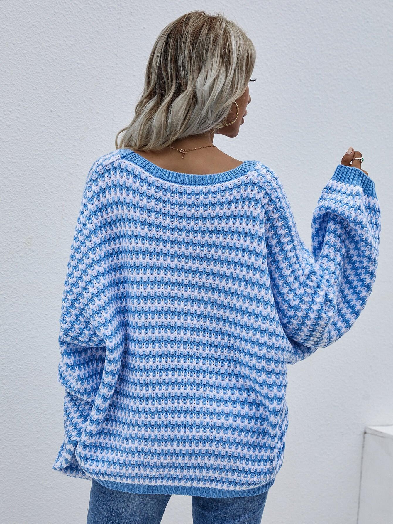 Striped Drop Shoulder V-Neck Pullover Sweater - Sweater