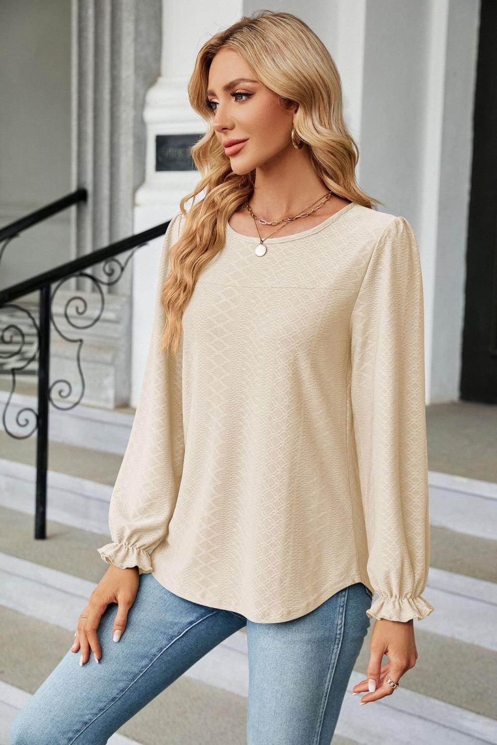 Round Neck Long Flounce Sleeve Top - Top