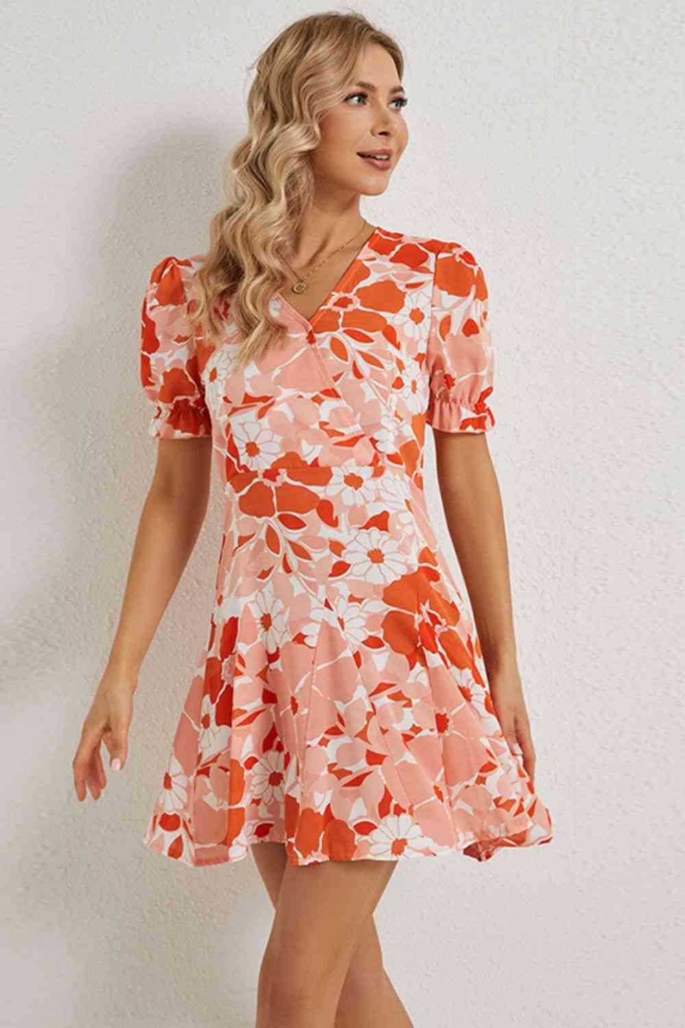 Floral Surplice Neck Flounce Sleeve Mini Dress - Dresses