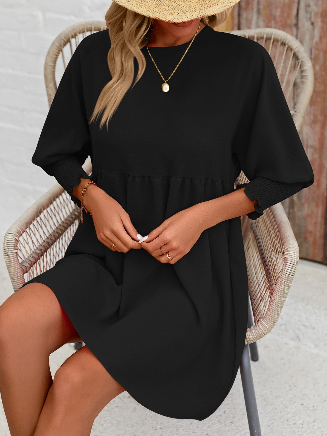 Round Neck Long Lantern Sleeve Mini Dress