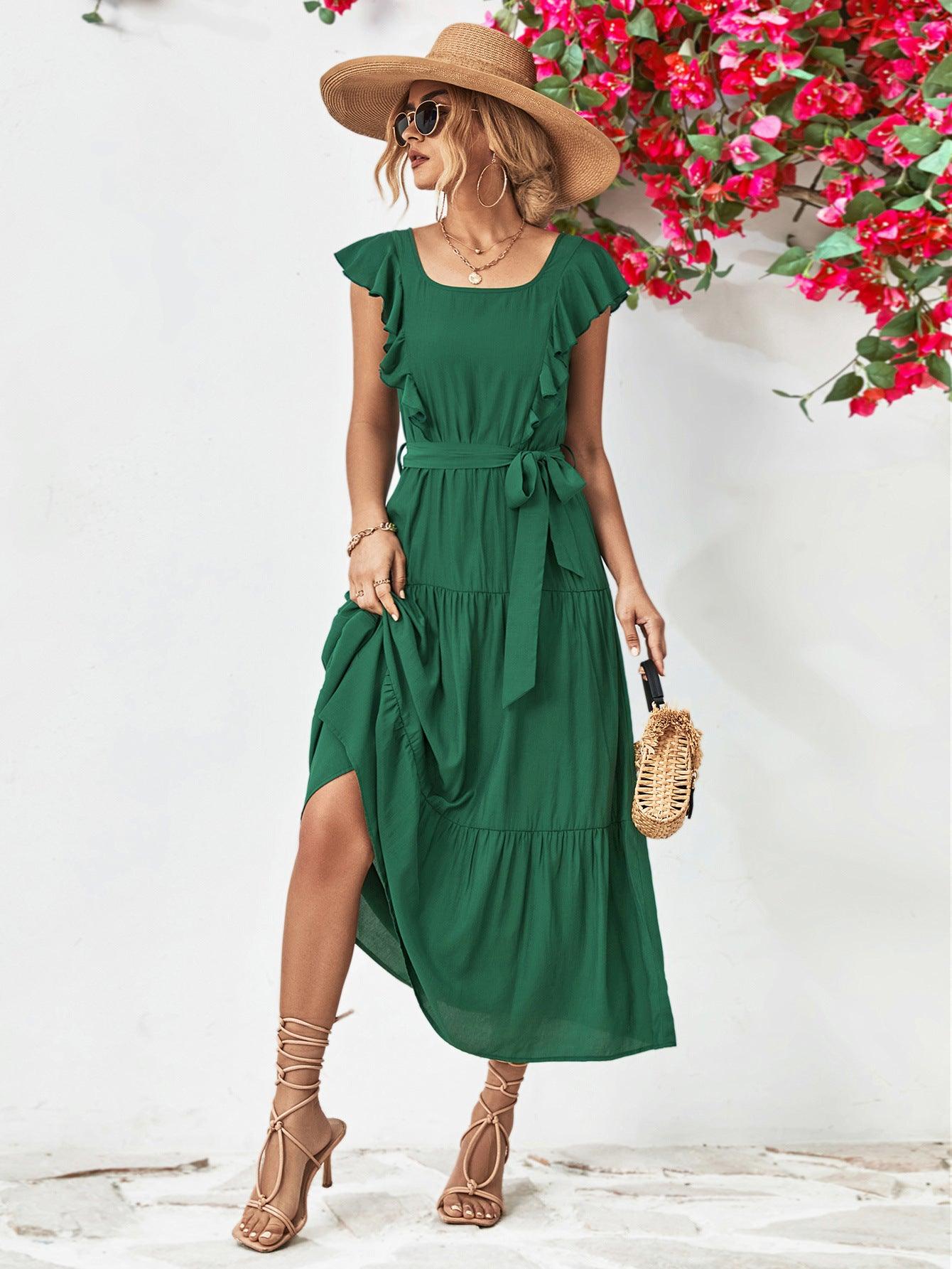 Tie Belt Ruffled Tiered Midi Dress - Dresses