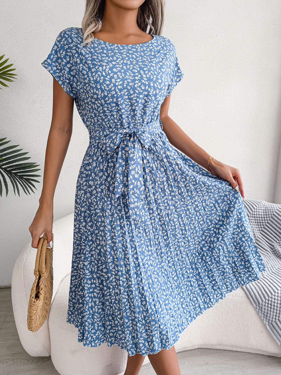 Ditsy Floral Pleated Belted Knee-Length Dress - Dresses