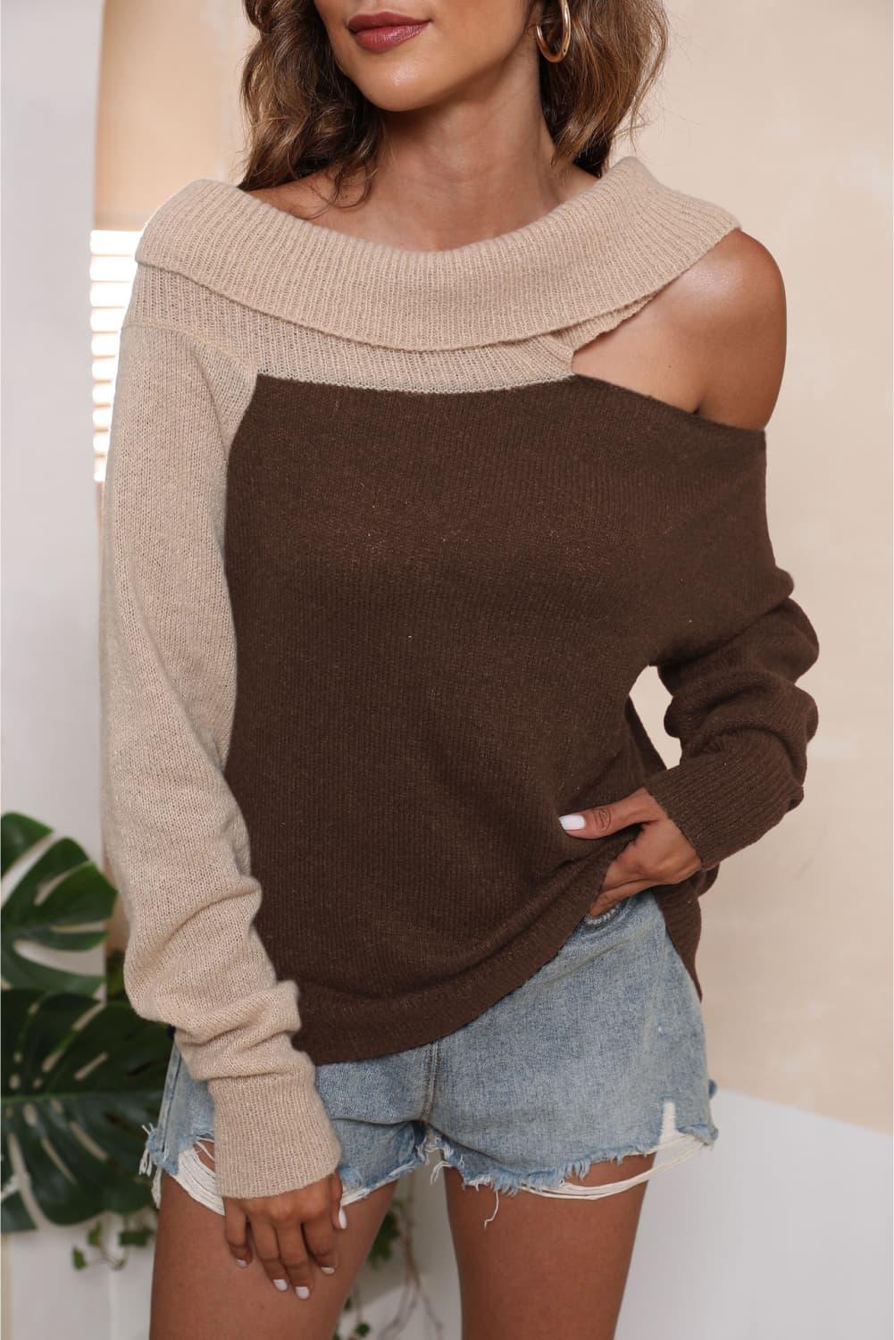 Asymmetrical Long Sleeve Two-Tone Cutout Sweater - Sweater