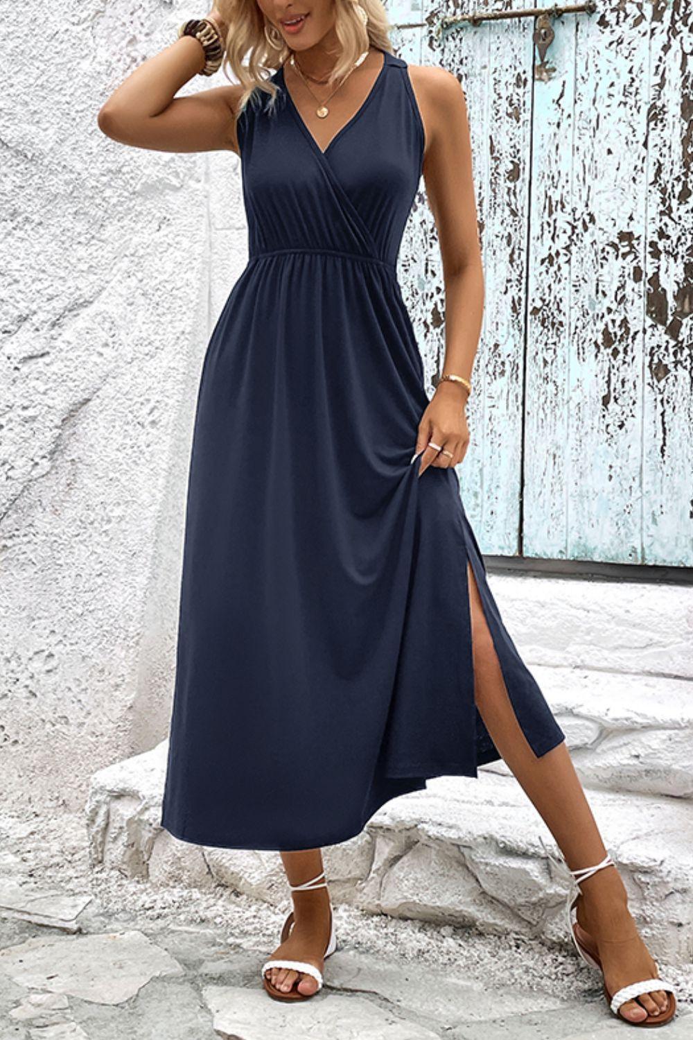 Surplice Neck Slit Sleeveless Midi Dress - Dresses