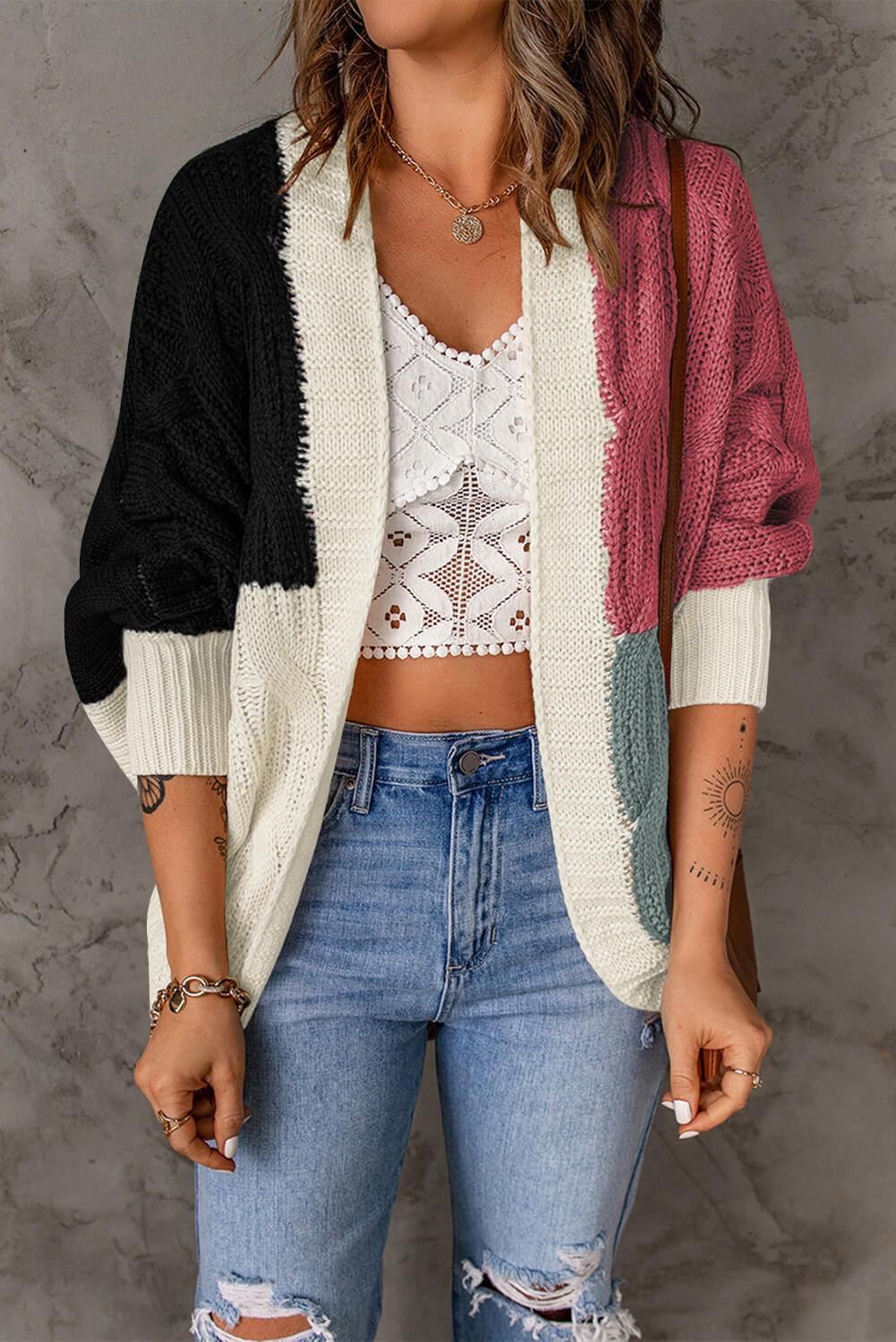 Woven Right Color Block Cable-Knit Batwing Sleeve Cardigan - Cardigan