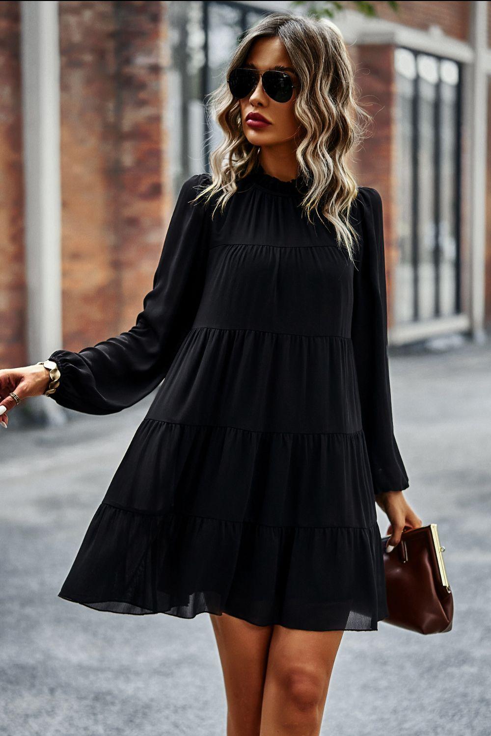 Tied Ruffle Collar Long Puff Sleeve Mini Dress - Dresses