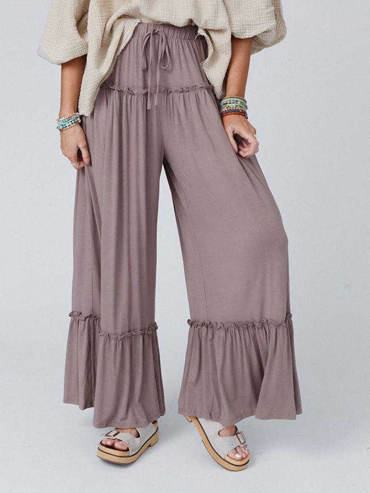 Ruffle Trim Drawstring High Waist Wide Leg Pants - Pant