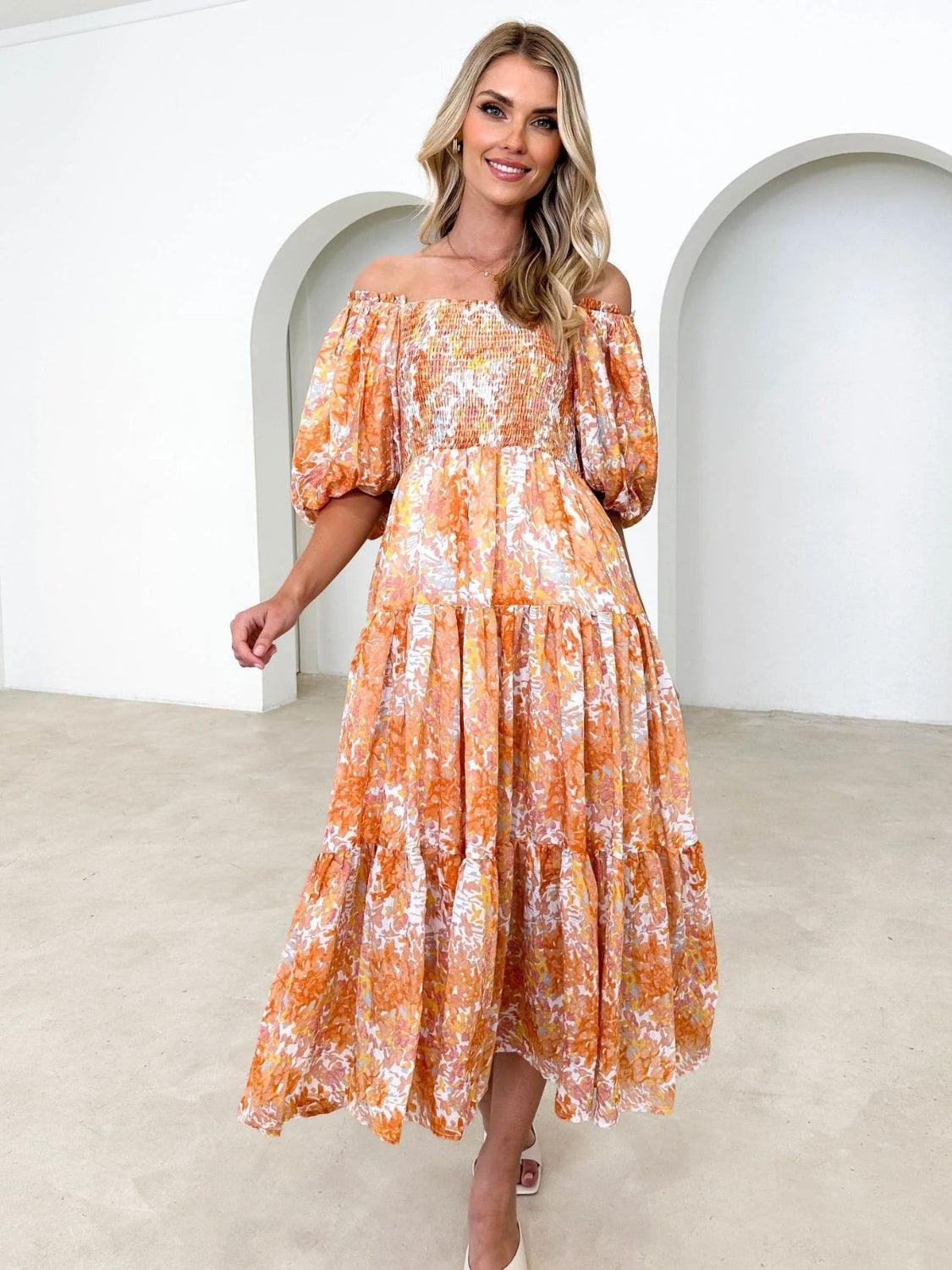 Floral Smocked Off-Shoulder Tiered Midi Dress - Dresses