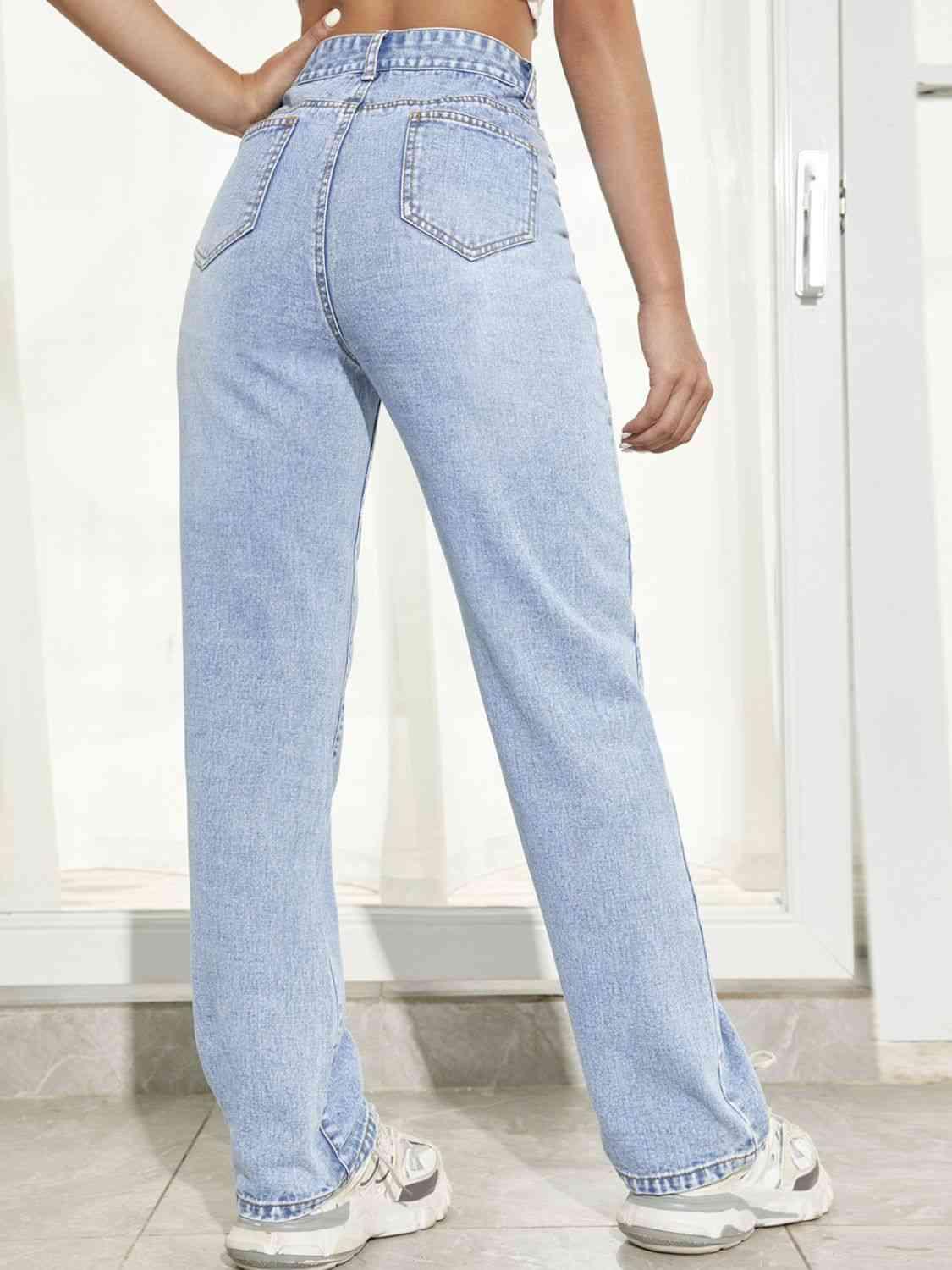 Flower Graphic Straight Leg High Rise Jeans - Jeans