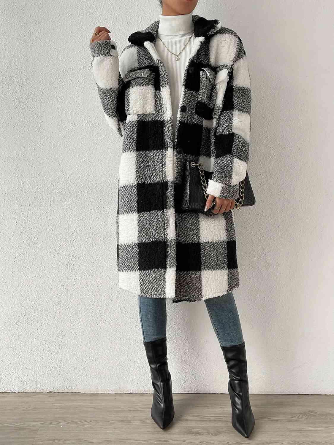 Plaid Button Down Fleece Coat - Coat