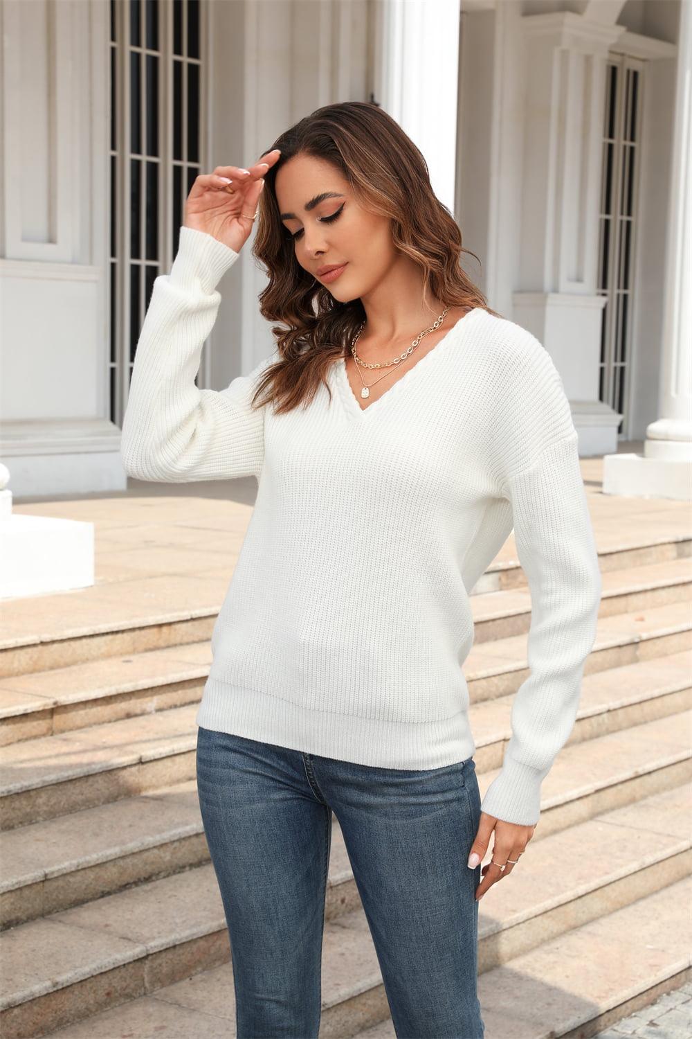 Ribbed V-Neck Dropped Shoulder Knit Top - Top