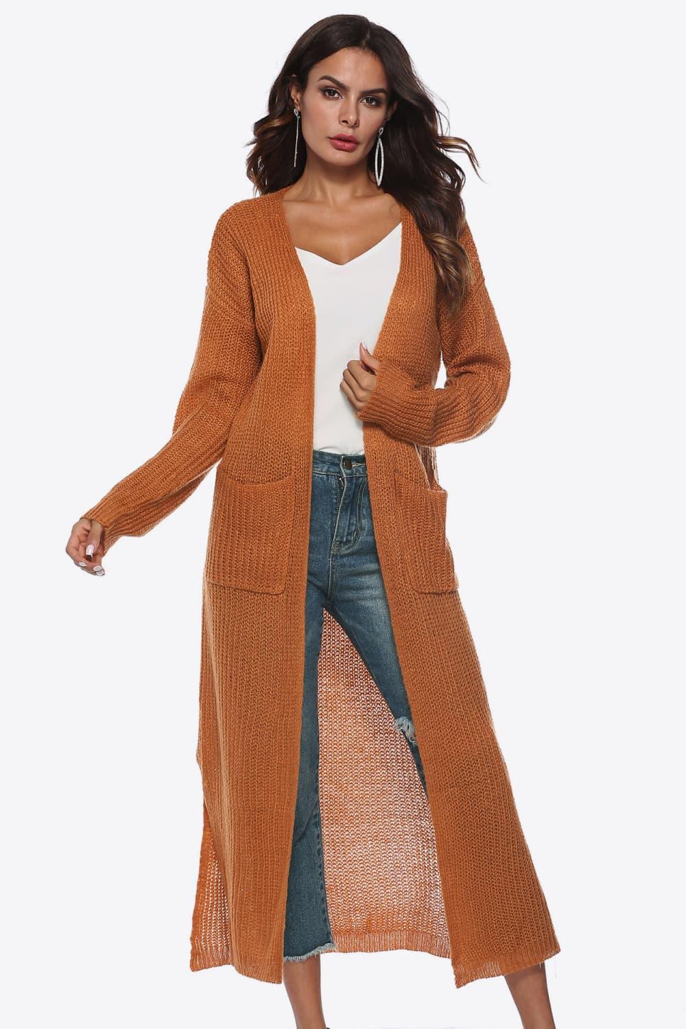 Long Sleeve Open Front Longline Cardigan With Pockets - Cardigan