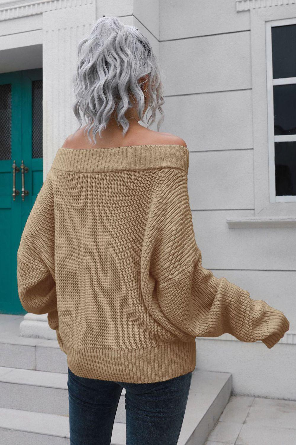 Off-Shoulder Ribbed Dropped Shoulders Sweater - Sweater