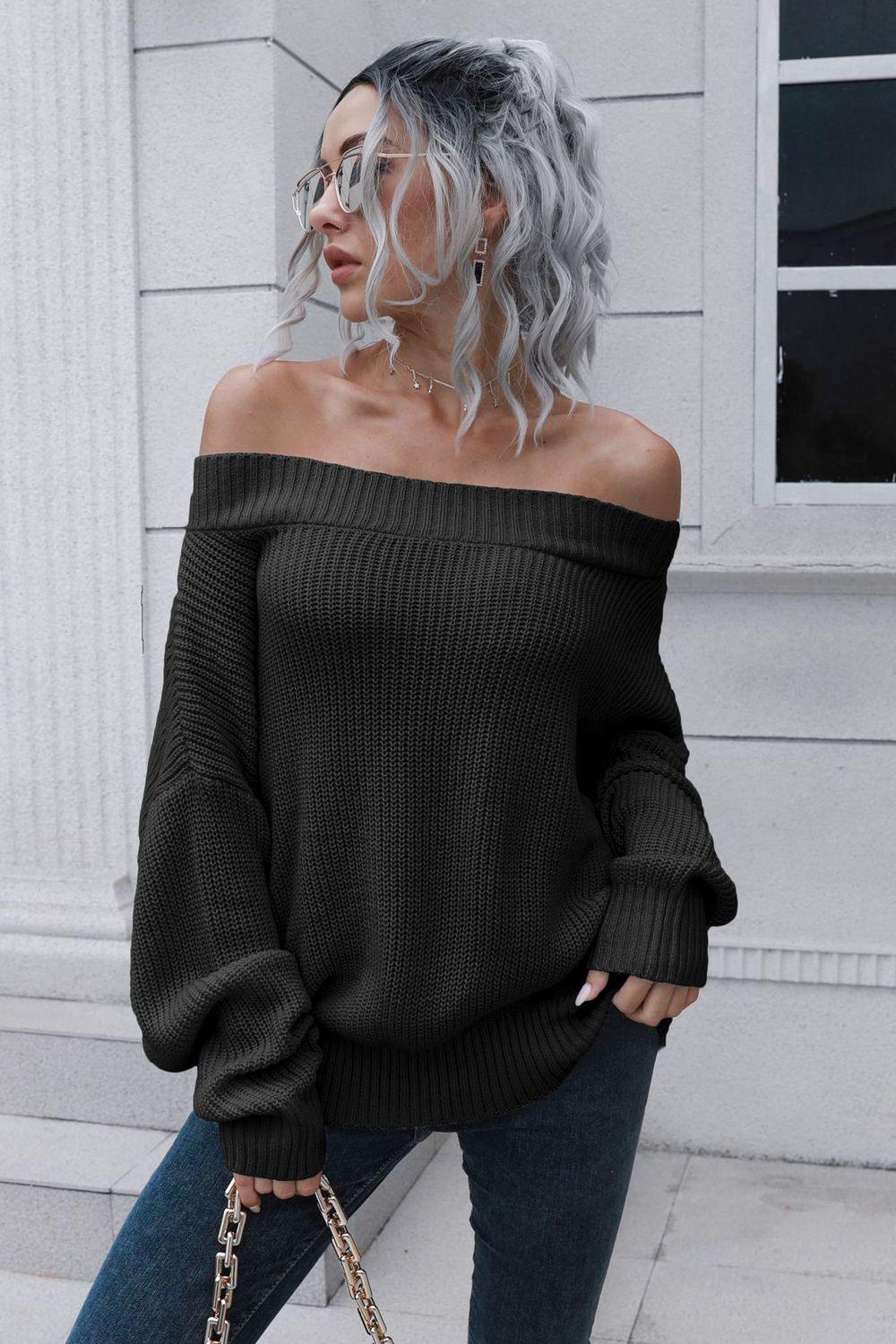 Off-Shoulder Ribbed Dropped Shoulders Sweater - Sweater