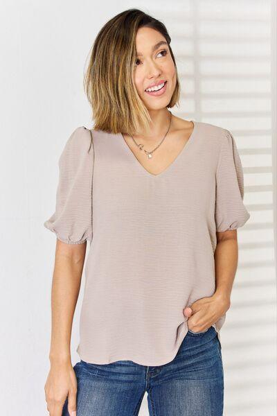 Zenana V-Neck Puff Sleeve Blouse - Blouse