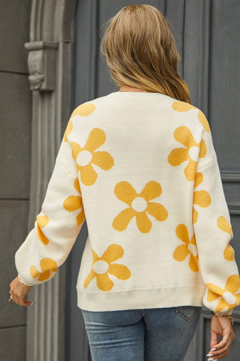 Floral Print Round Neck Dropped Shoulder Pullover Sweater - Sweater