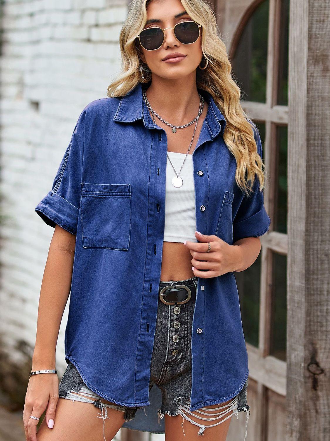 Collared Neck Short Sleeve Denim Shirt - Shirt