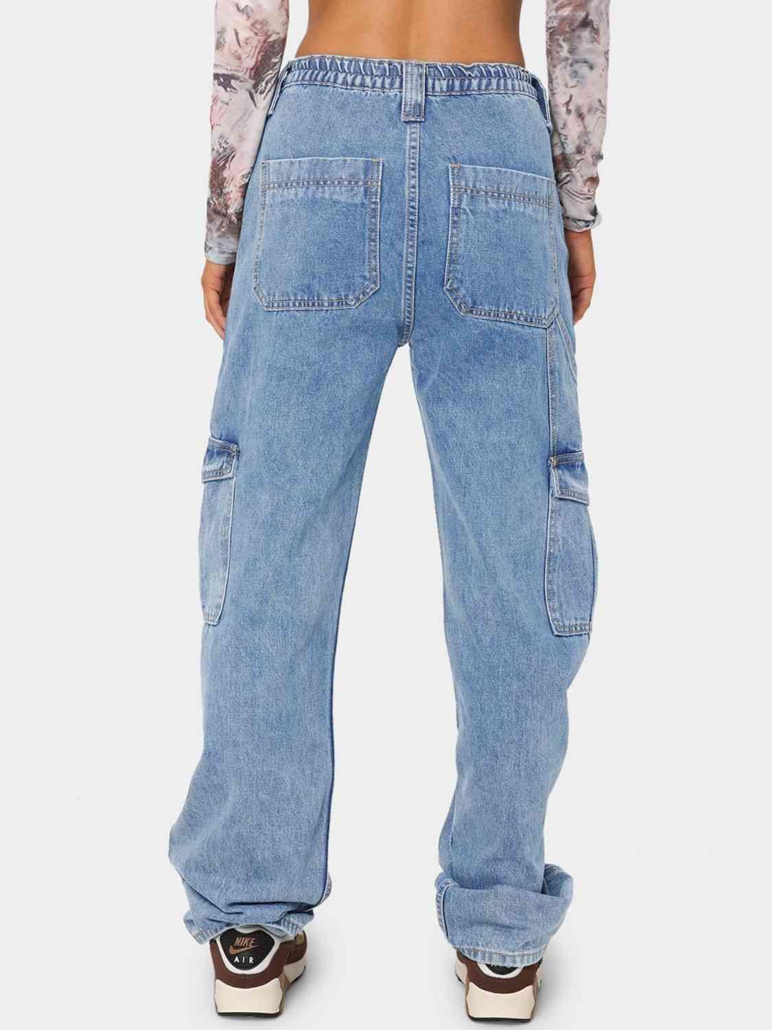 Straight Leg High Rise Cargo Jeans - Jeans