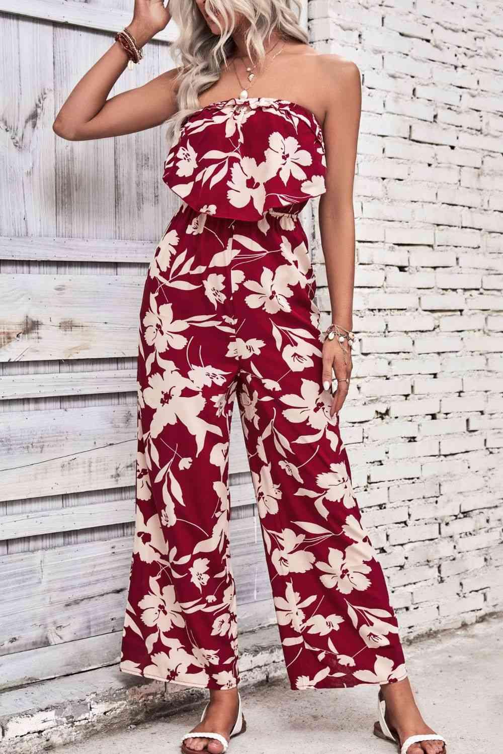 Floral Strapless Wide Leg Jumpsuit - Jumpsuit