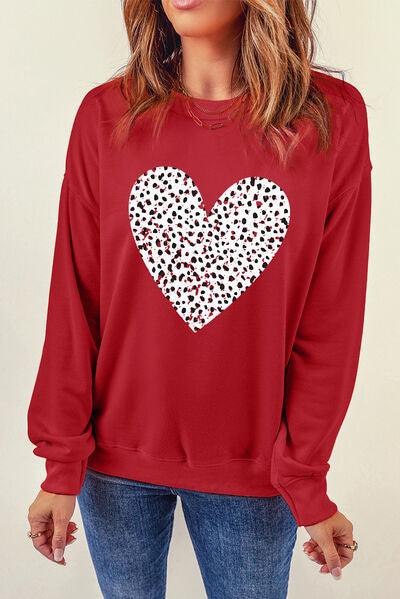 Heart Round Neck Dropped Shoulder Sweatshirt - Sweatshirt