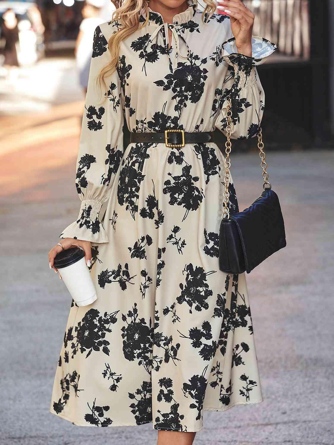 Floral Tie Neck Flounce Sleeve Midi Dress - Dresses