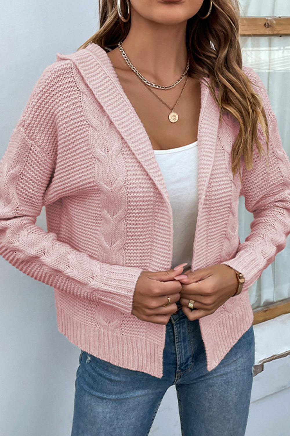 Cable-Knit Dropped Shoulder Hooded Cardigan - Cardigan