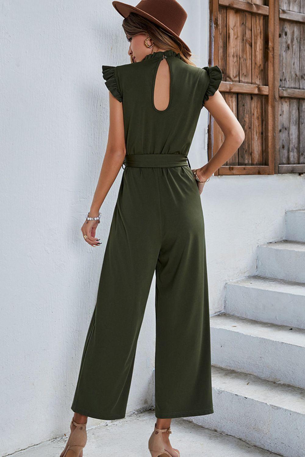 Butterfly Sleeve Tie Waist Jumpsuit - Jumpsuit