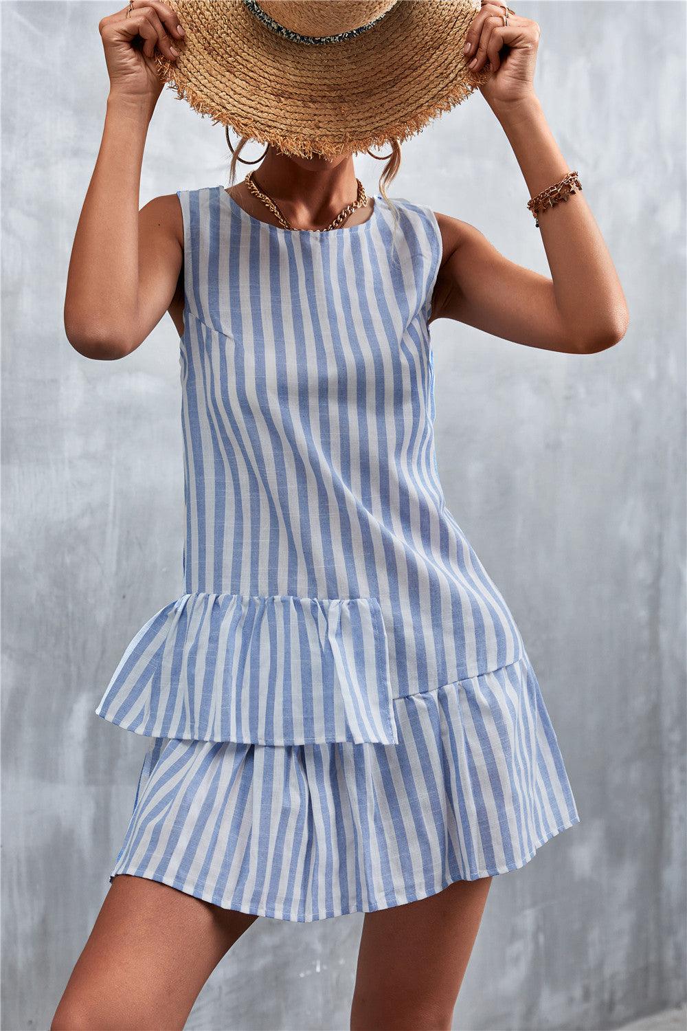 Striped Layered Sleeveless Round Neck Mini Dress - Dresses